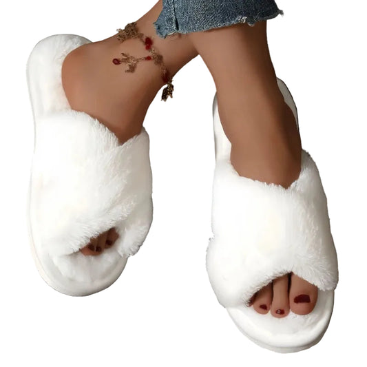 Women’s Fluffy Cross Slippers – Soft, Warm & Lightweight.