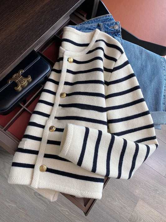 Classic Striped Knit Button Cardigan